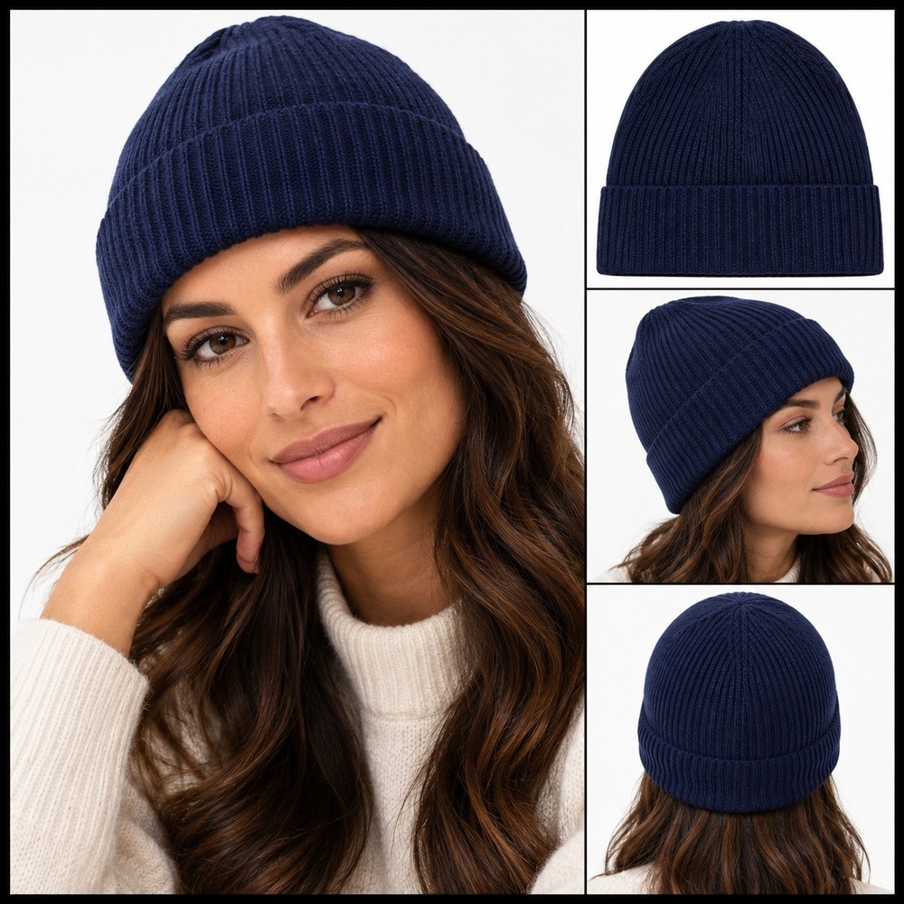 Loop Cashmere Navy Blue Ribbed Knit Beanie Hat One Size Cashmere Wool Blend